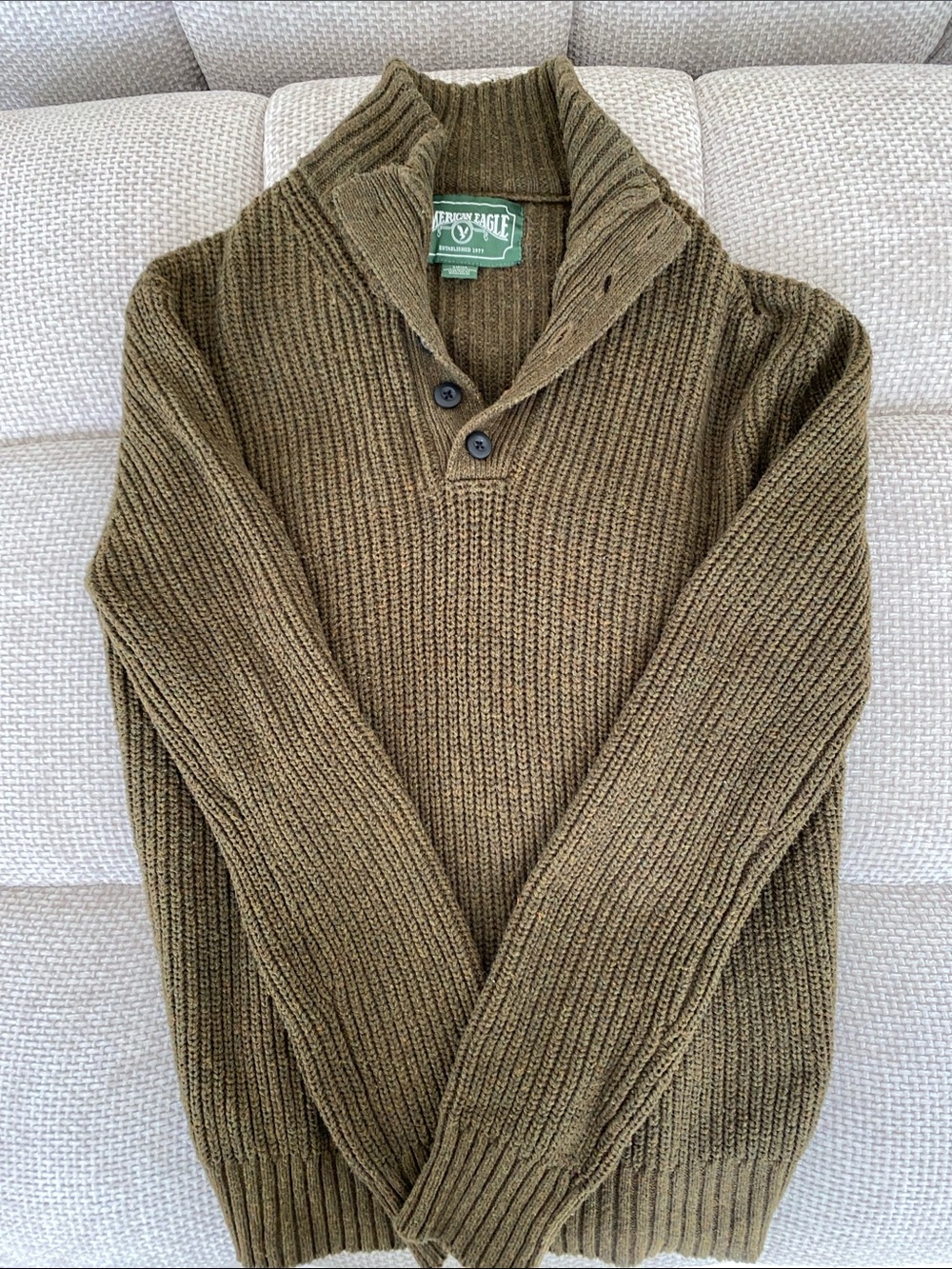 American Eagle Olive Ribbed Shawl-Collar Pullover Sweater